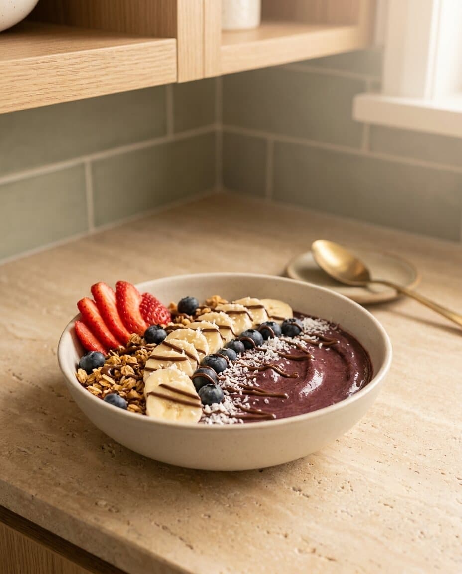 Açaí Bowl mit Erdbeeren, Banane, Blaubeeren, Granola und Schokolade