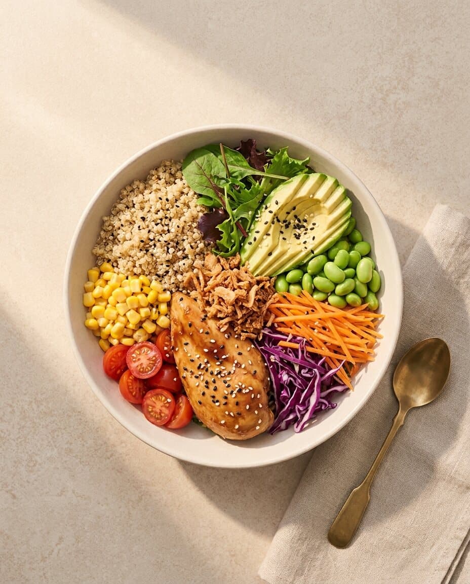Herzhafte Healthy Bowl auf Quinoa mit frischem Gemüse bei Vita & Soul Friedrichshafen