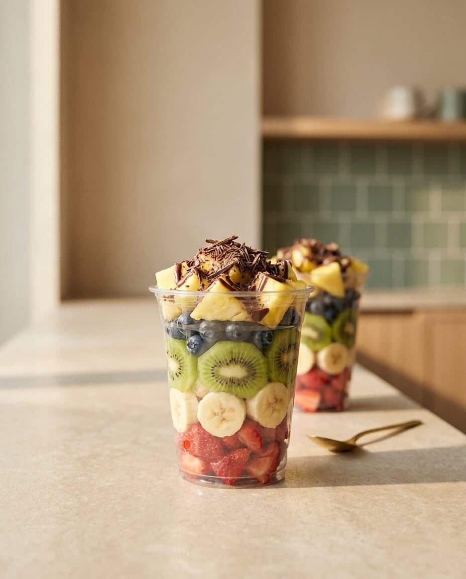 Früchte-Cup mit frischem Obst und belgischer Schokolade bei Vita & Soul