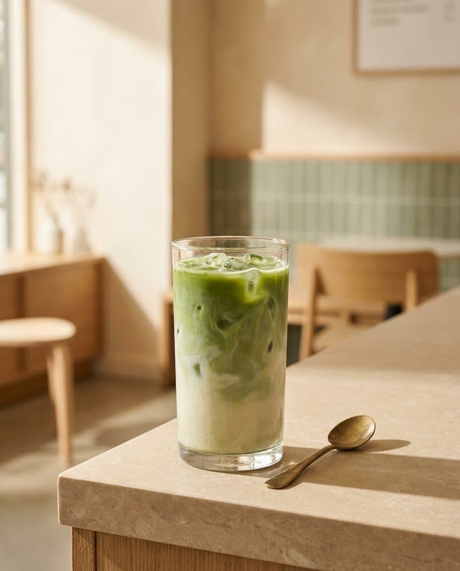 Cremiger Iced Matcha Latte mit Foam-Krone im Vita & Soul Café
