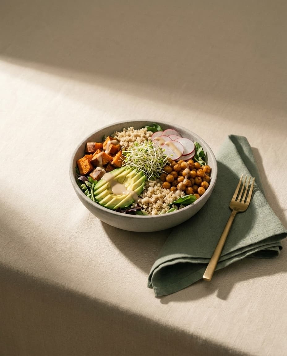 Gesunde Quinoa-Bowl mit Avocado, Kichererbsen und geröstetem Gemüse bei Vita & Soul Friedrichshafen