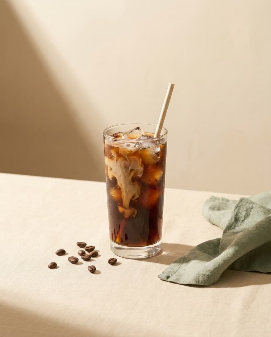 Iced Coffee mit Eiswürfeln und Milchschlieren, kalt gebrüht bei Vita & Soul am Bodensee