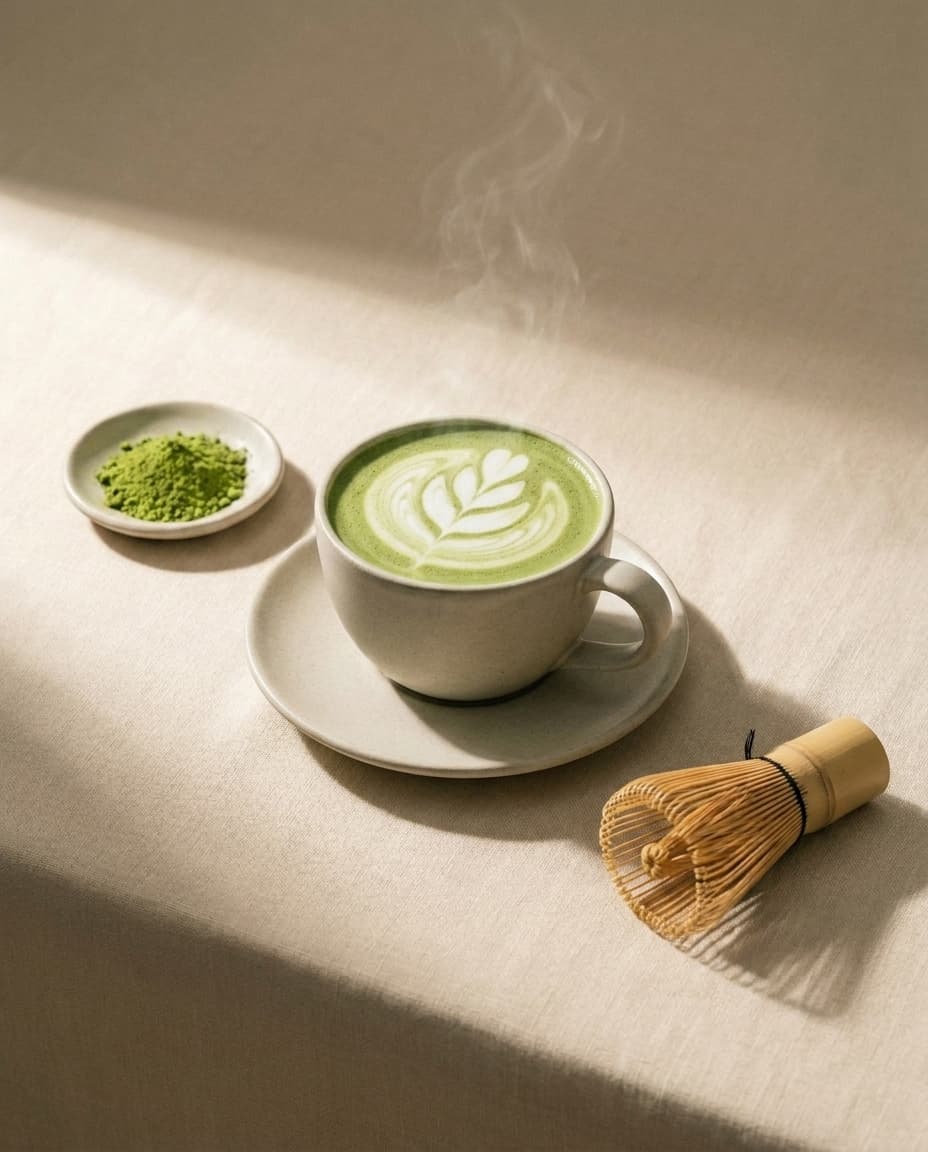 Matcha Latte mit Latte-Art, zeremoniell aufgeschlagen im Café Vita & Soul am Bodensee