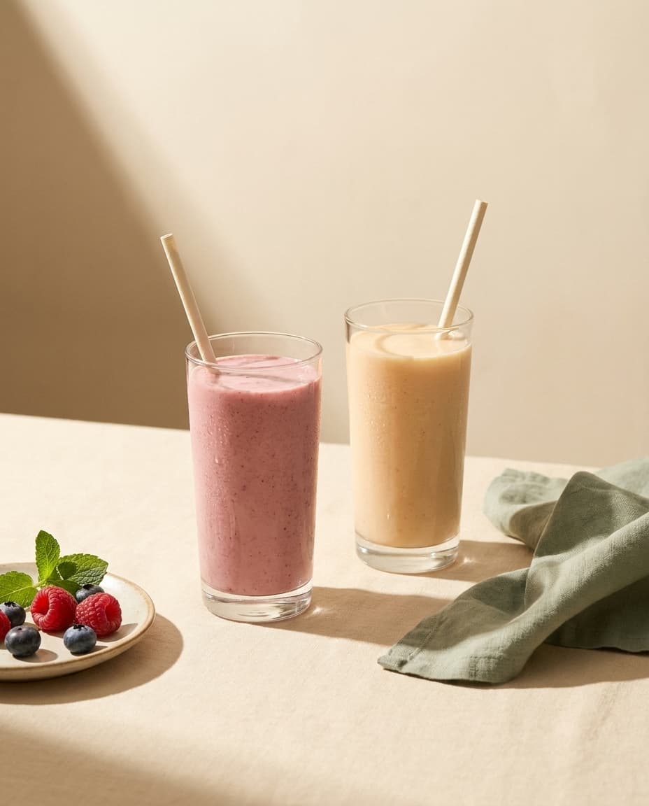Zwei frisch gemixte Frucht-Smoothies im Glas bei Vita & Soul Friedrichshafen